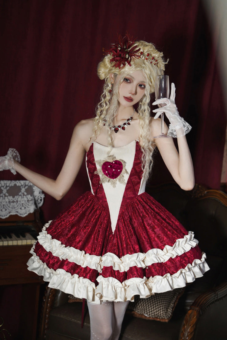 Red [Heart of Mary] Tube Top Sleeveless Ruffle Fishbone Gothic Lolita Dress