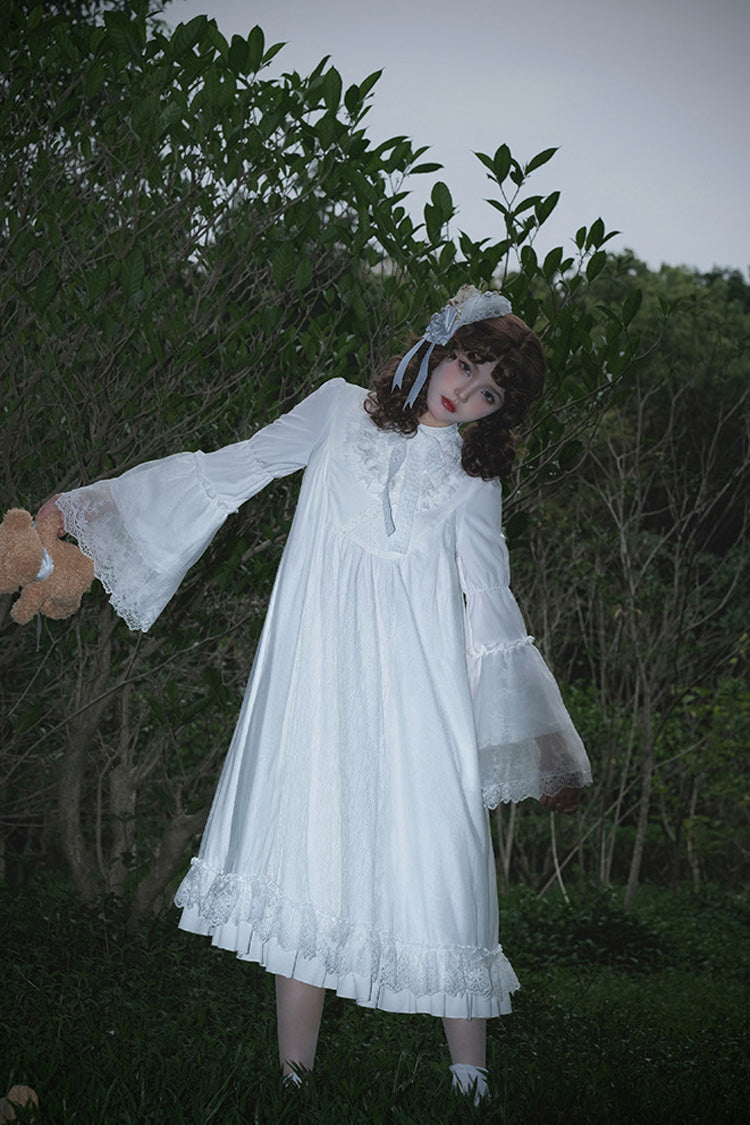 White [Requiem] Stand Collar Long Sleeves Ruffle Lace Gothic Lolita Dress