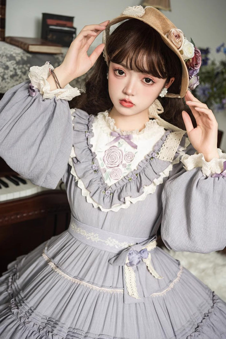 Thorn Rose Süßes Lolita-Kleid mit langen Ärmeln, Rüschen und Schleife, 2 Farben