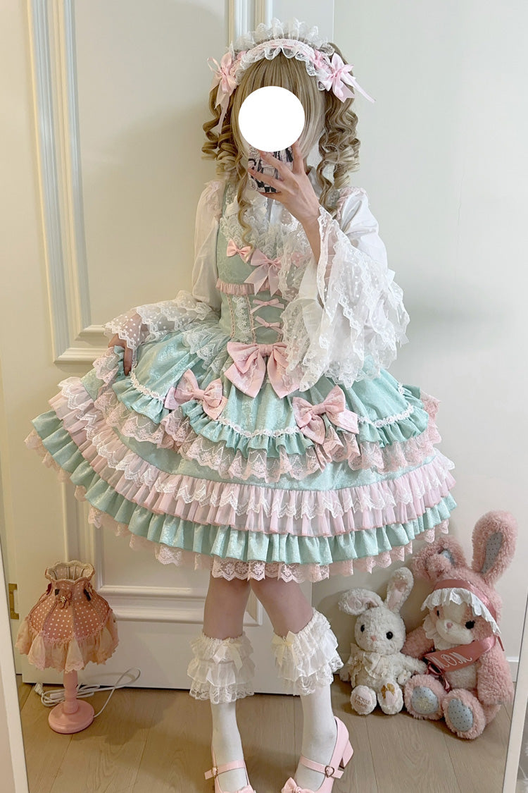 Green Multi-Layered Ruffle Bowknot Stitching Lace Sweet Lolita Jsk Dress