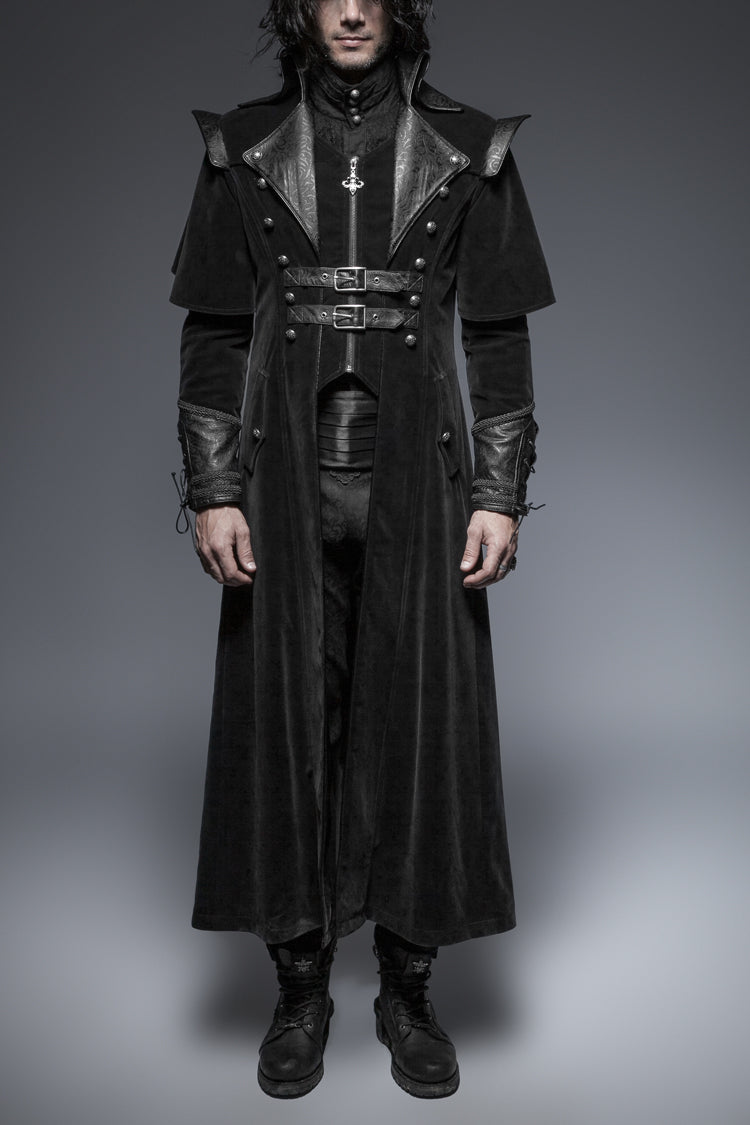 Black Leather Stand-Up Collar Metal Buckle Decoration Mens Steampunk Long Coat