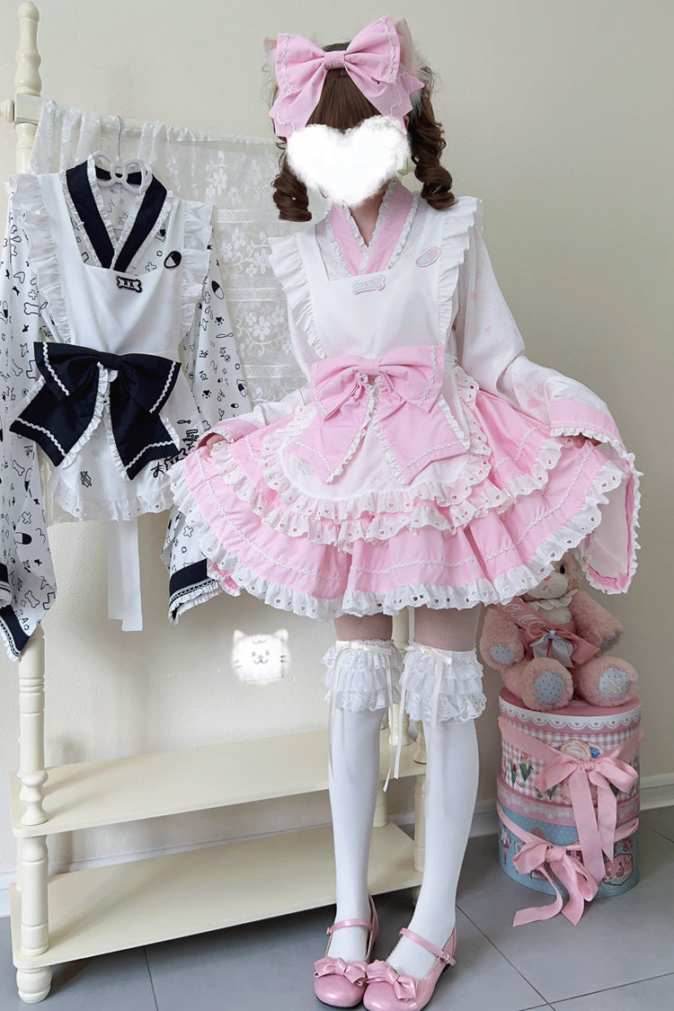 Pink/White Double-Layered Ruffle Bowknot Maid Sweet Lolita Skirt Set