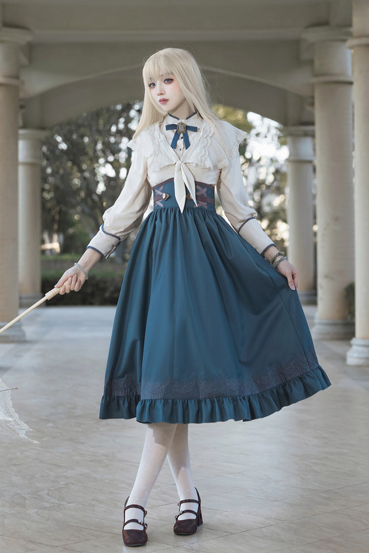 Blue Ruffle Embroidery Lace-Up Sweet College Style Elegant Lolita Skirt