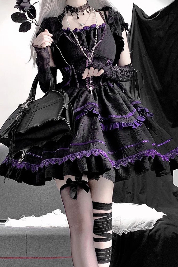 Schwarz/violettes mehrlagiges Ballettkleid im Gothic-Lolita-JSK-Stil mit Rüschen am Seine-River-Muster