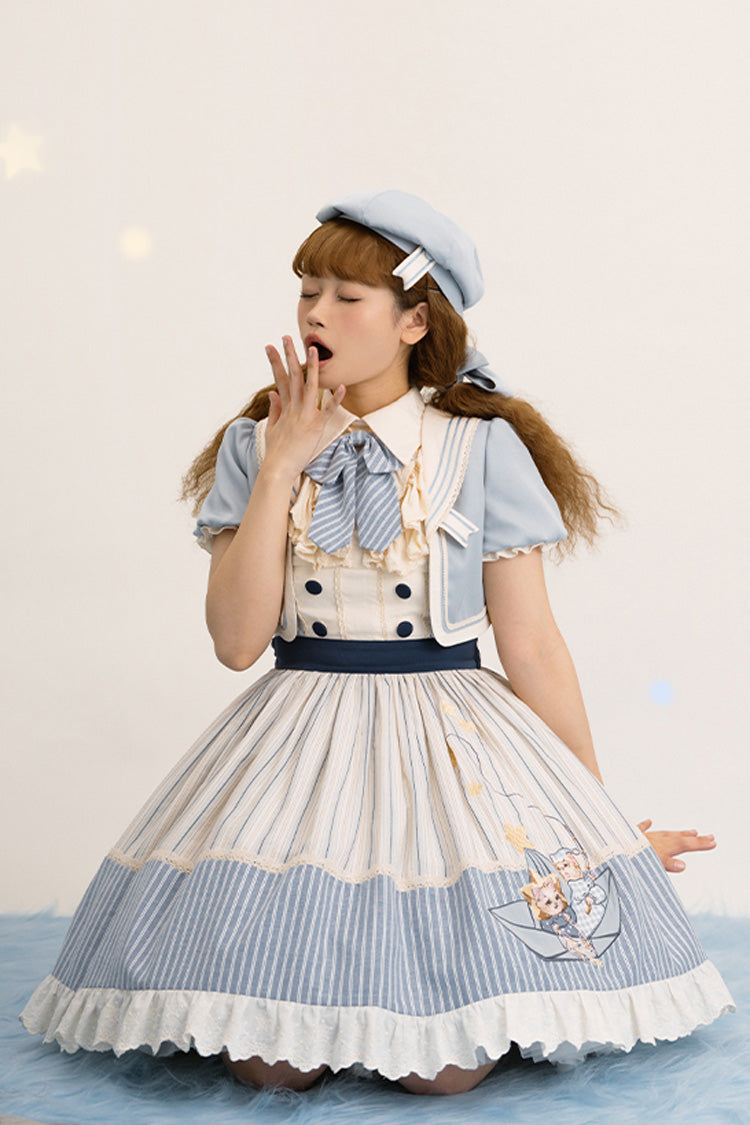 Blau/Elfenbeinfarbenes süßes Lolita-Kleid mit ärmellosem Rüschen- und Schleifenmuster im Marine-Stil