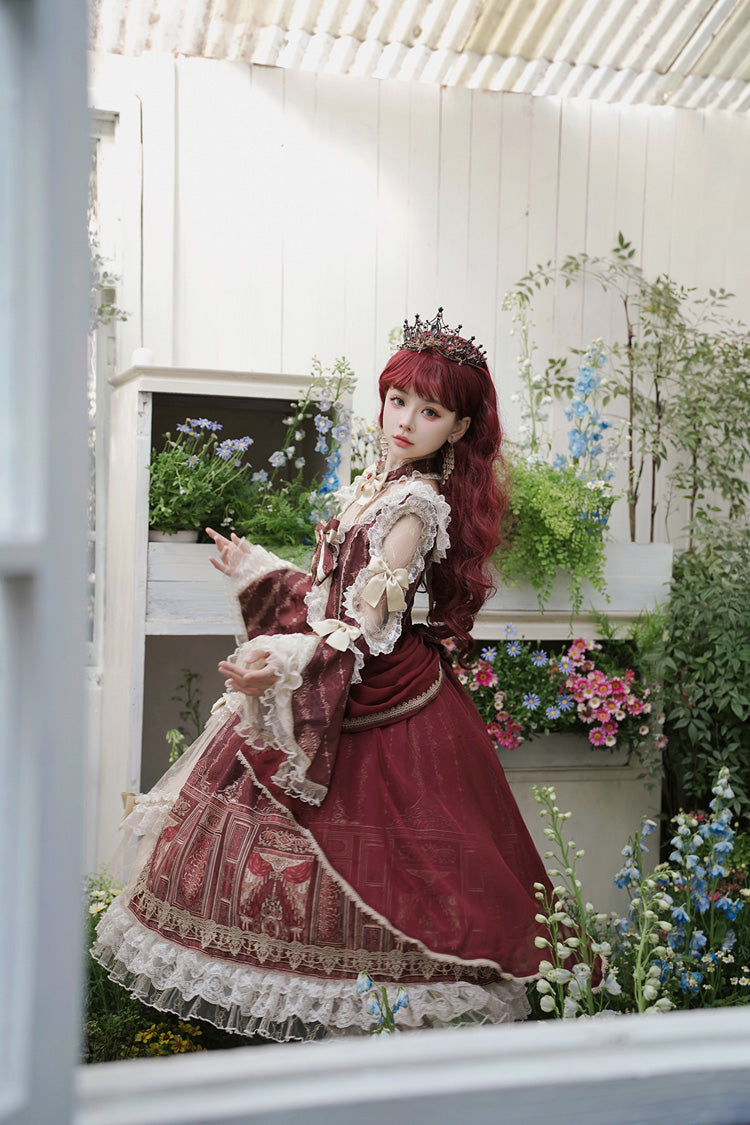 Rotes klassisches Lolita-Prinzessinnenkleid mit Barock-Palast-Print