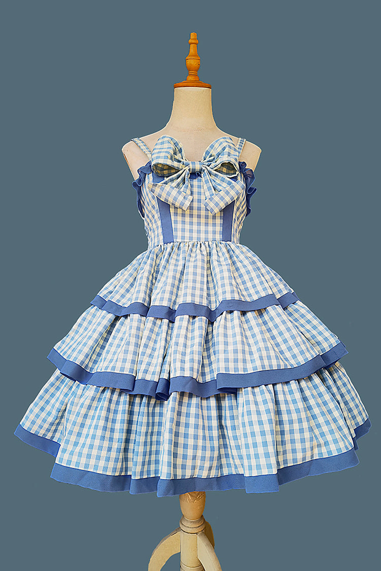 Blau [Cloth Cat] Süßes Lolita-Kleid mit dreilagigem Karomuster, Rüschen und Schleife, 2 Farben