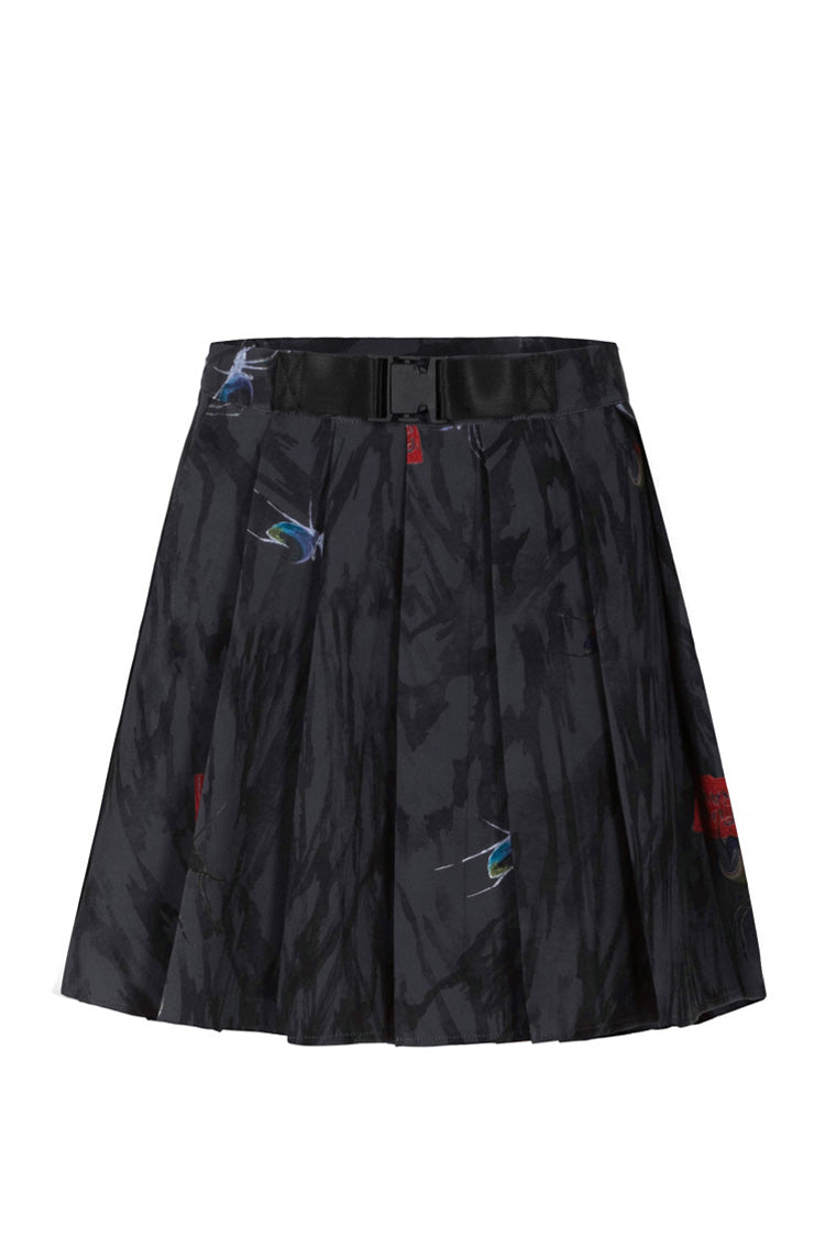 Black Casual Chinese Painting Decorated Pleated Women's Steam Punk Skirt