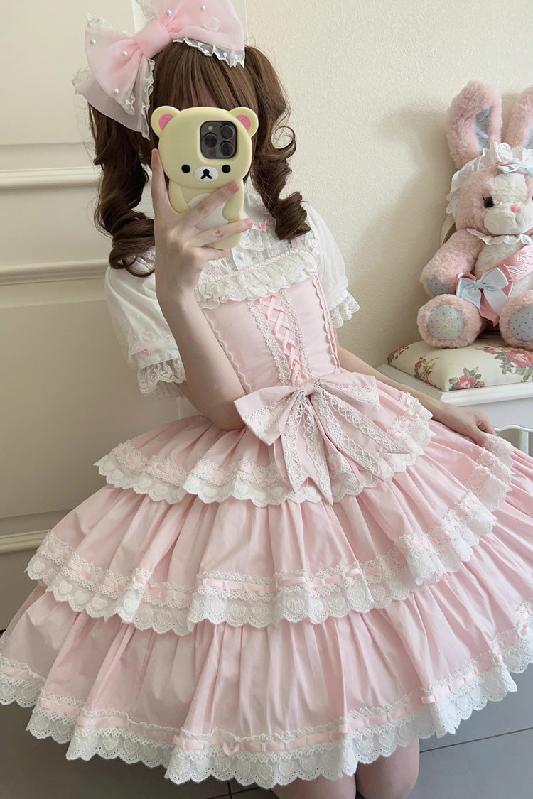 Pink [Maiden Heart] Triple-Layered Ruffle Bowknot Lace Sweet Lolita Jsk Dress