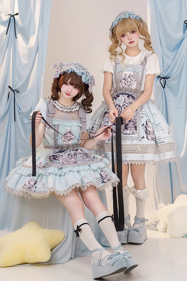 Light Blue Doll Theater Print Ruffle Lace Sweet Lolita Jsk Dress