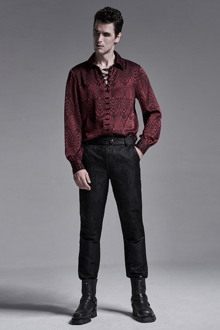 Jacquard Long Sleeve Front Metal Eyelets Lace Up Metal Carving Buckle Cuff Men's Gothic Shirt 3 Colors