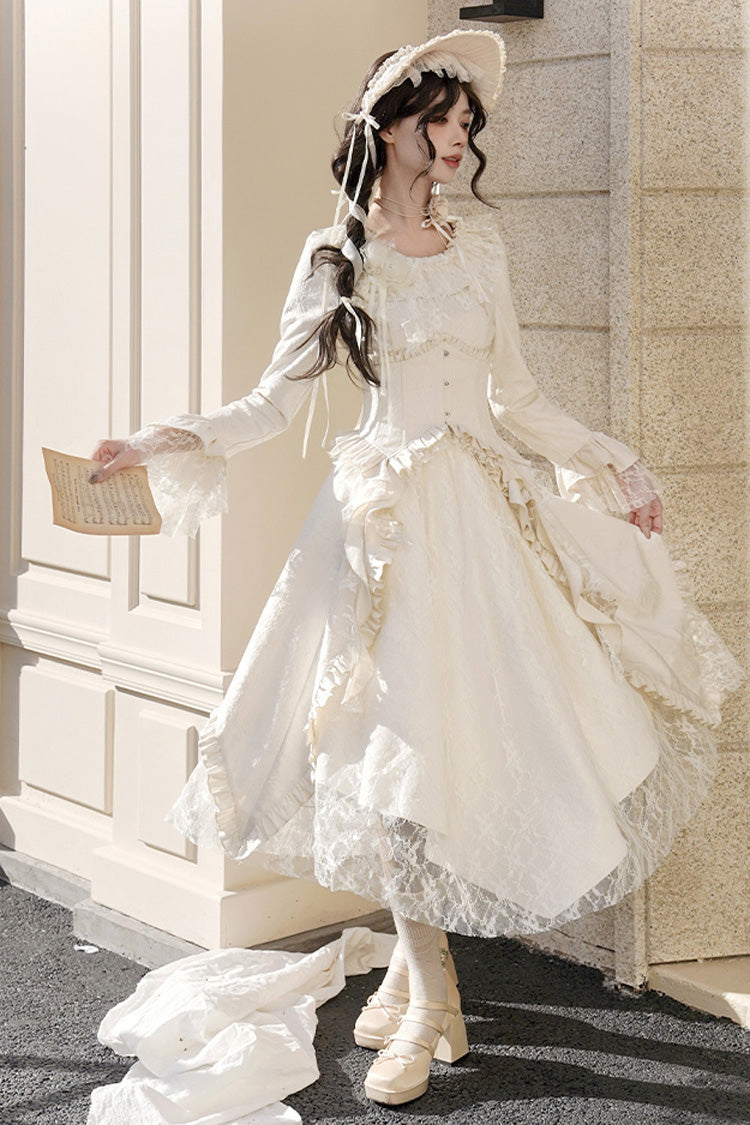 Ivory [White Tea] Long Sleeves Ruffle Bowknot Lace Irregular Classic Princess Lolita Dress