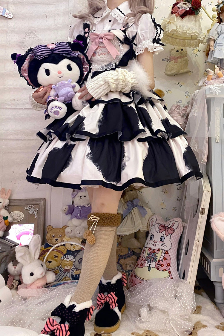 Black Sleeveless Triple-Layered Cow Print Ruffle Bowknot Sweet Lolita Jsk Dress