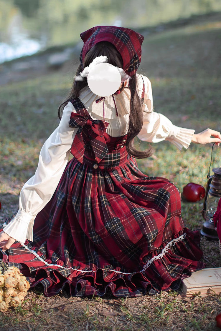 Rotes [Rotkäppchen] Doppellagiges, kariertes Rüschen-Schleifen-Pulloverkleid im Vintage-Stil mit süßer Lolita-Kleidung