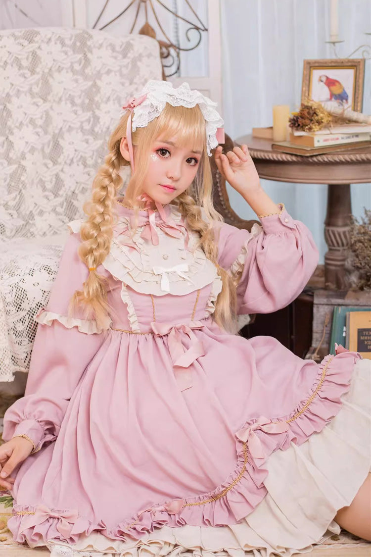 Pink Long Sleeves Ruffle Bowknot Daily Sweet Princess Lolita Dress