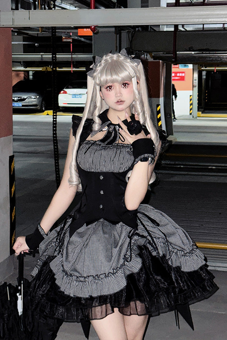 Grey [Potions] Sleeveless Triple-Layered Ruffle Bowknot Lace Gothic Lolita Dress 2 Colors