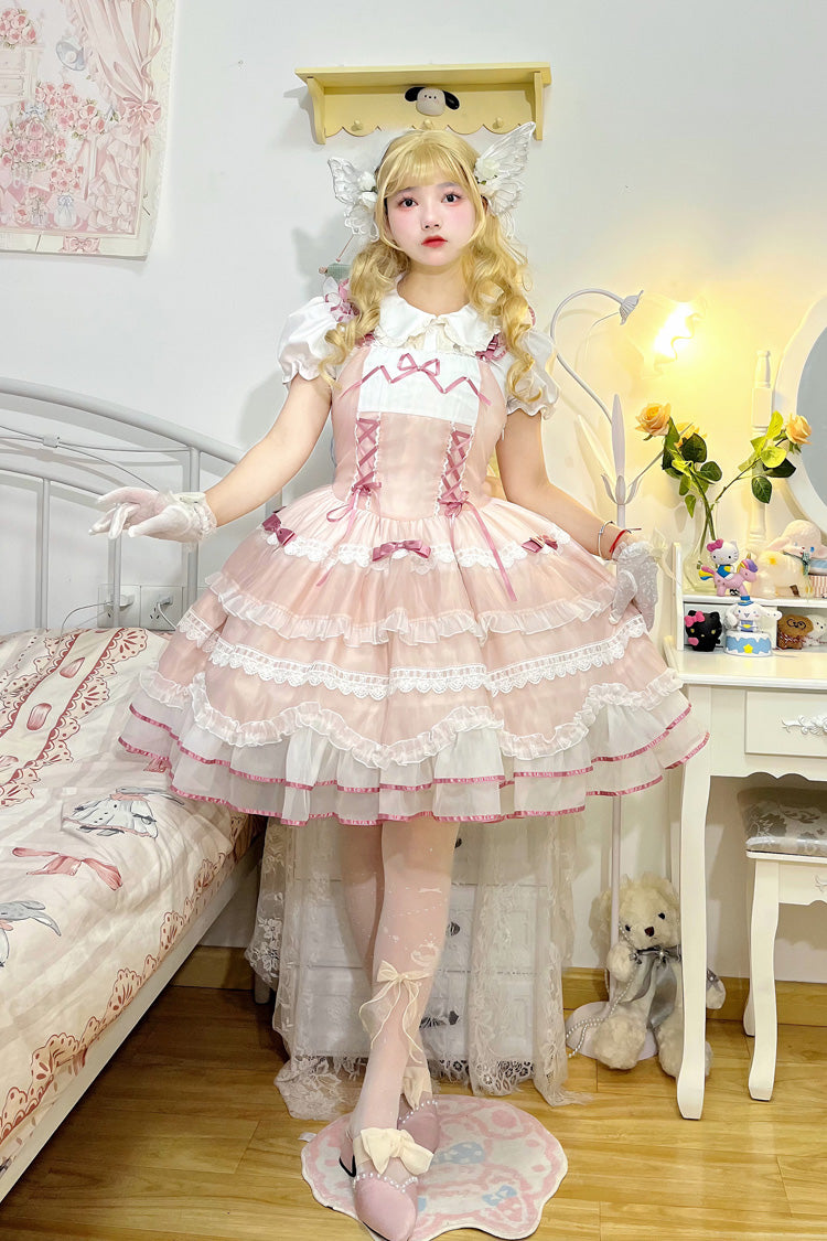 Pink Multi-layer Ruffle Bowknot Lace-Up Ballet Style Sweet Princess Lolita Tiered Dress