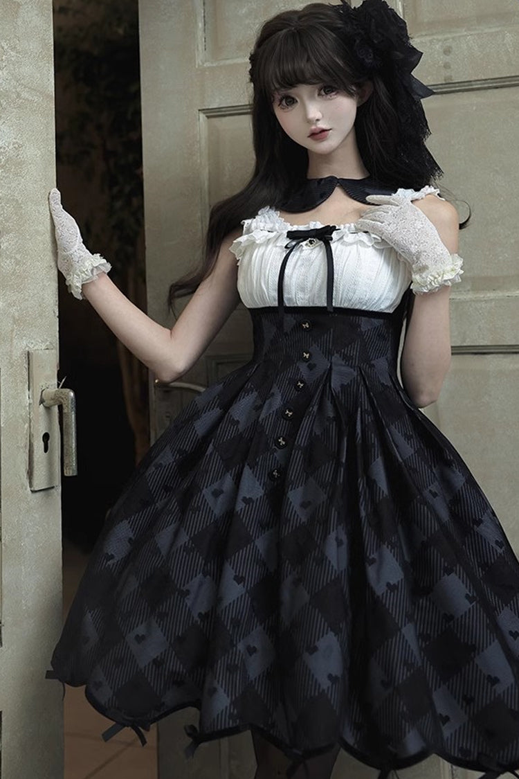 Black [Swan] Short Sleeves Plaid Print Sweet Elegant Princess Lolita Dress Short Version