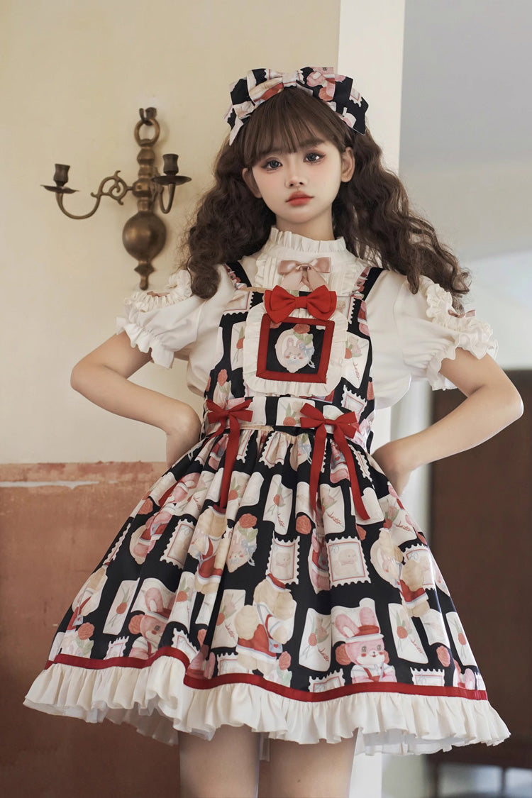 Black [Letter from Showa] Rabbit and letter Print Ruffle Bowknot Sweet Princess Lolita Strap Dress