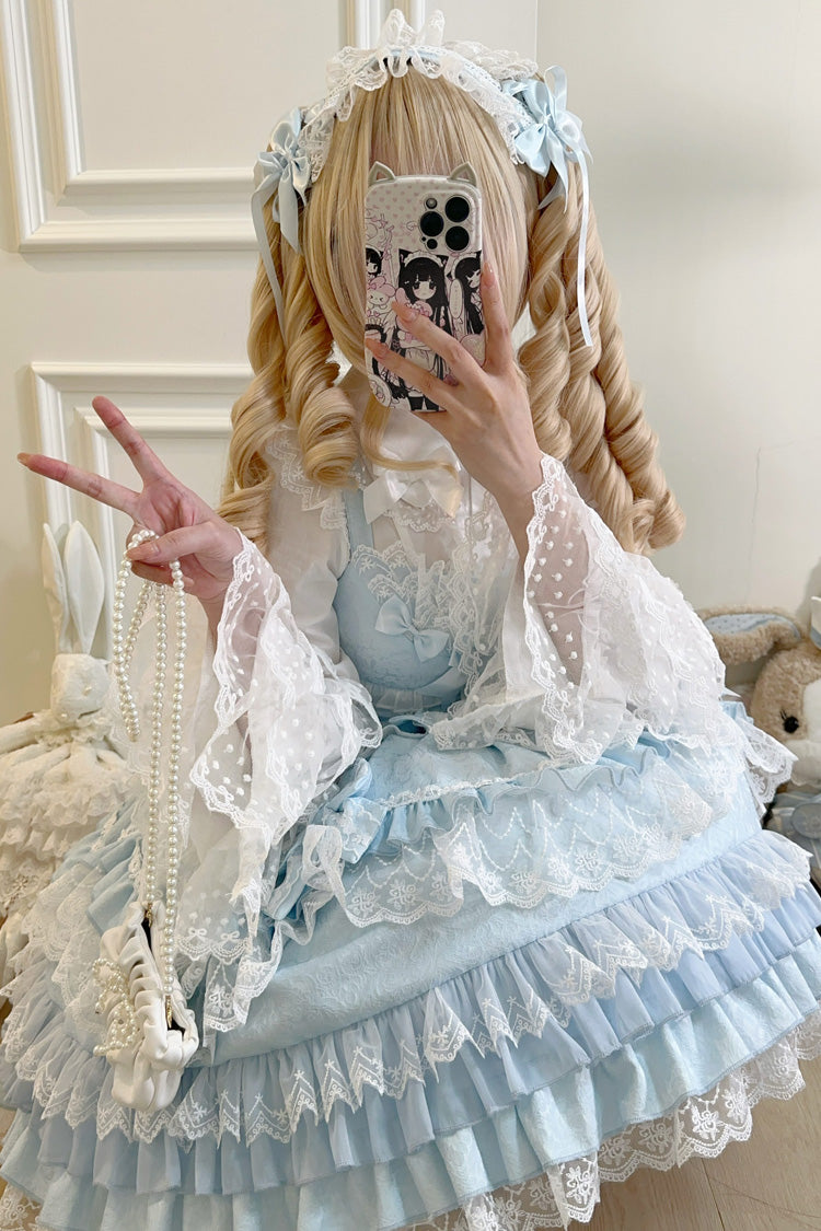 Blue Multi-Layered Ruffle Bowknot Stitching Lace Sweet Lolita Jsk Dress