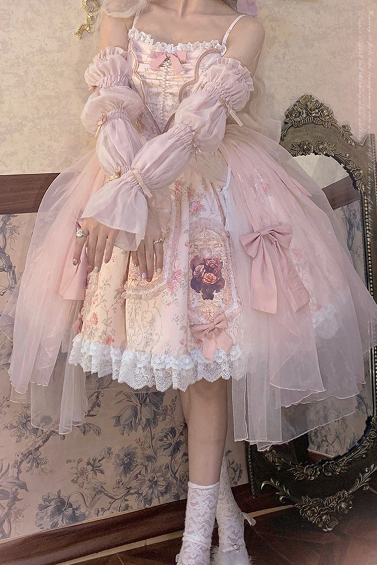 Rosa [Rosenfenster] Druck Rüschen Bowknot Spitze süßes elegantes Prinzessin Lolita Jsk Kleid