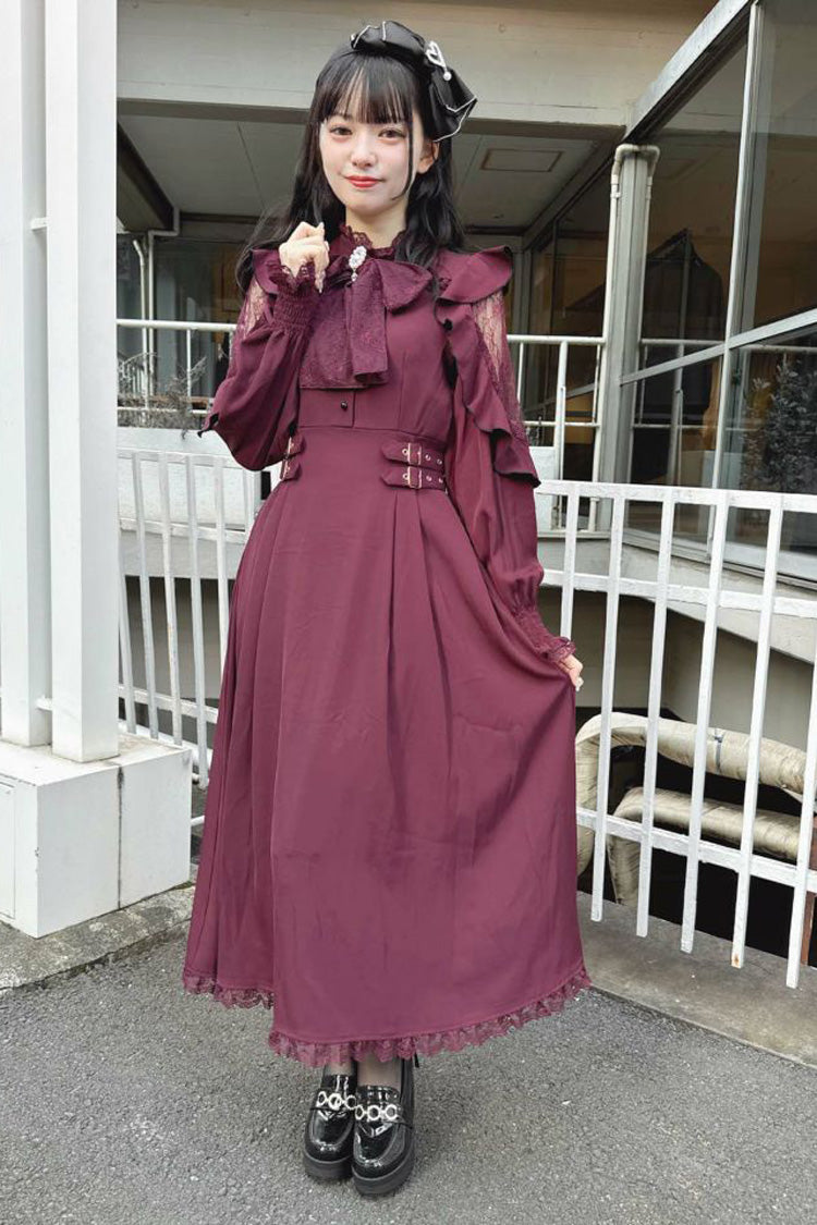 Rose Red Stand Collar Off Shoulder Long Sleeves Hollow Bowknot Slim Jirai Kei Japanese Dress