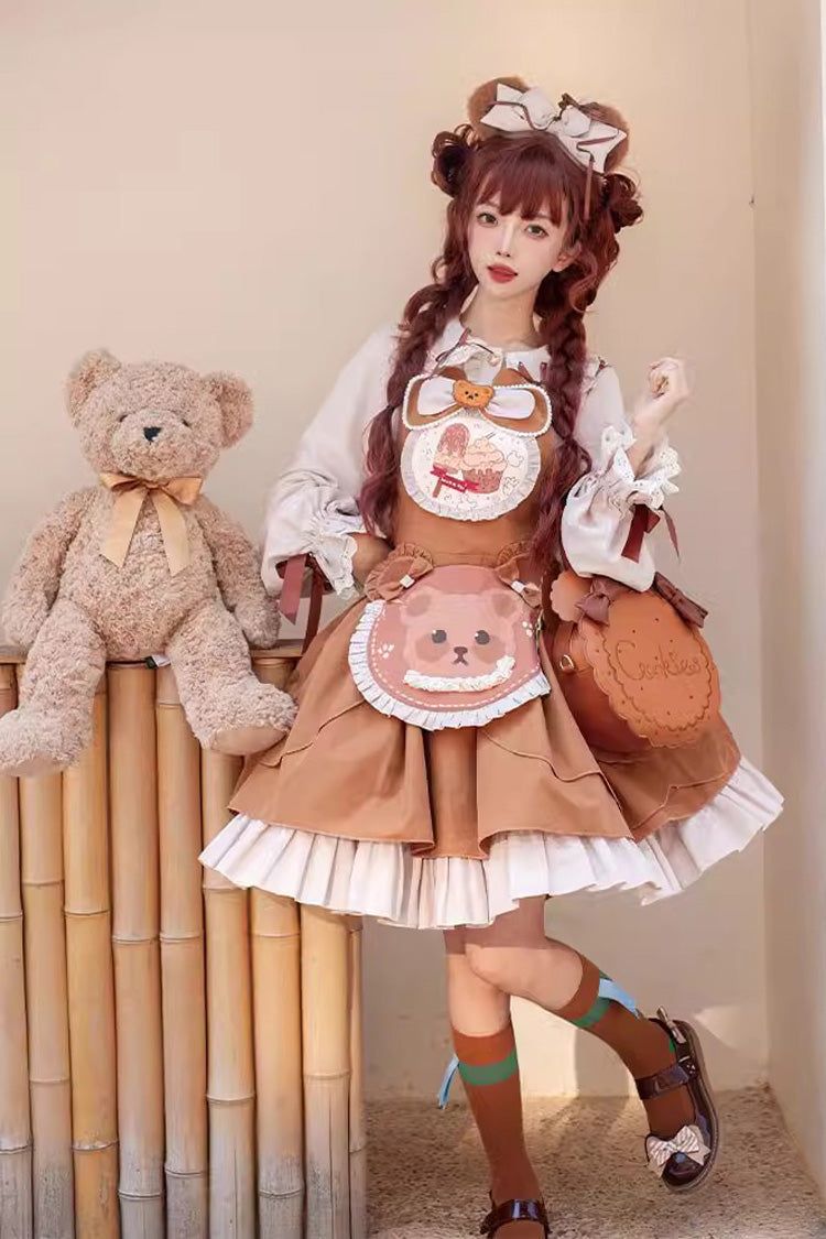 Brown Cookie Bear Multi-layer Print Ruffle Bowknot Sweet Lolita Dress