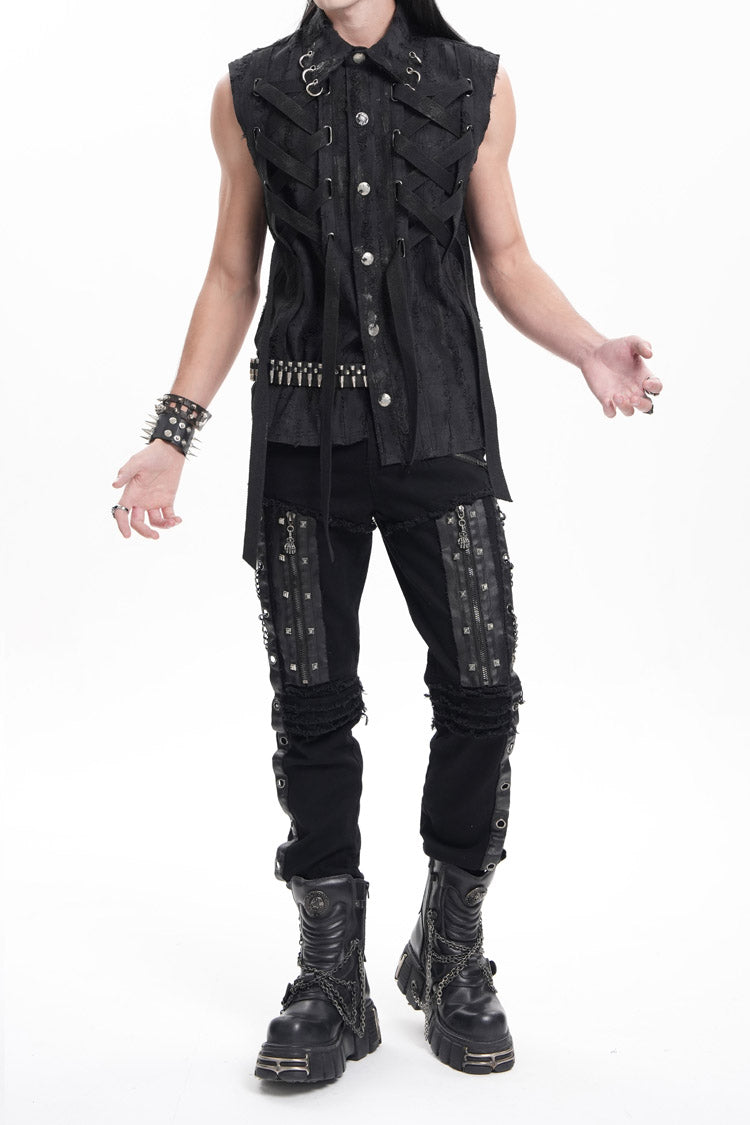 Black Stitching Eyelets Chains Studs Men's Gothic Pants