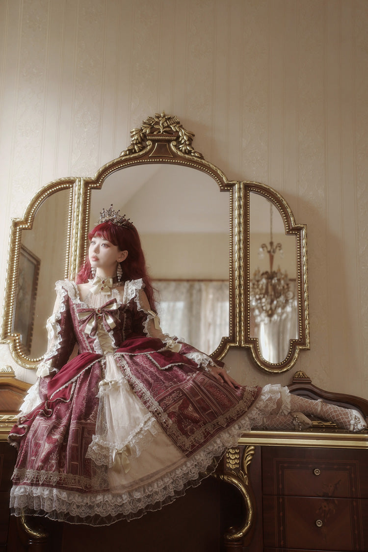 Red Baroque Palace Print Lace Classic Princess Lolita Dress