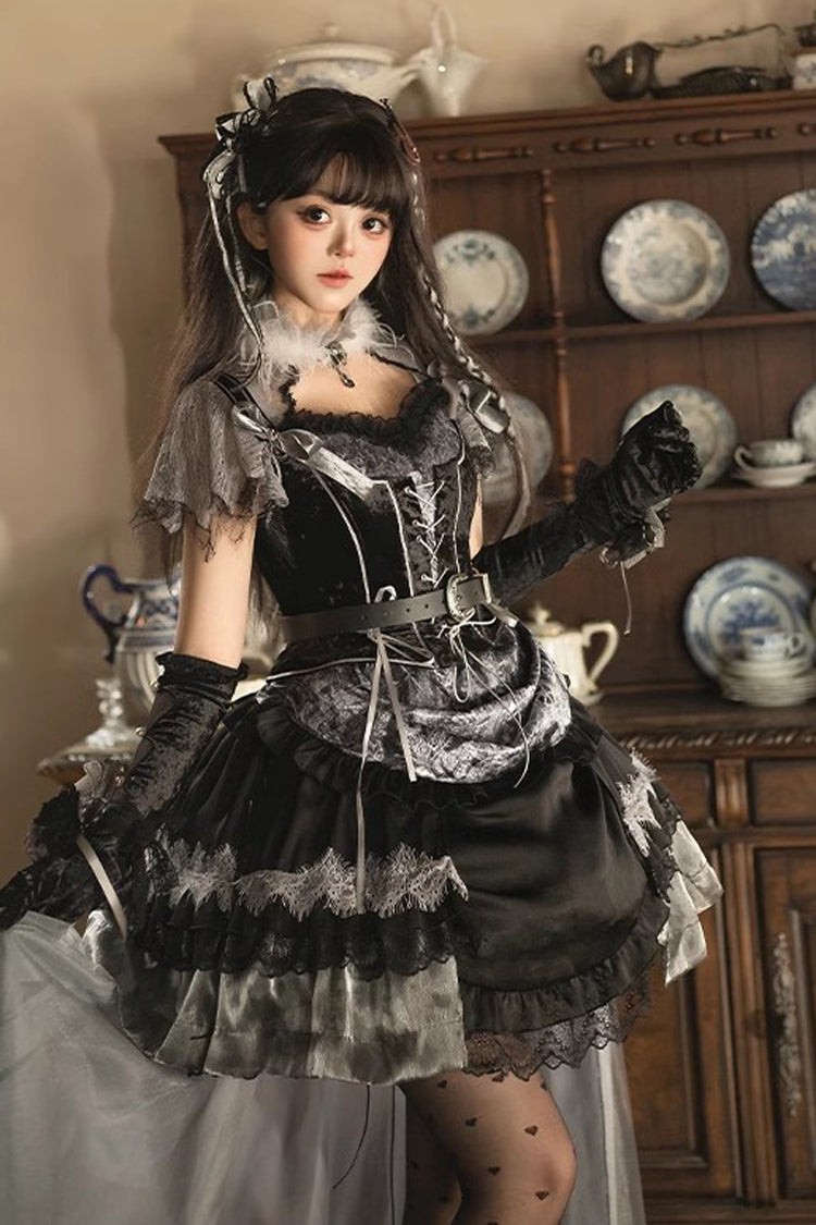 Black [Dark Night Rose] Short Sleeves Print Ruffle Bowknot Lace Asymmetric Gothic Lolita Dress