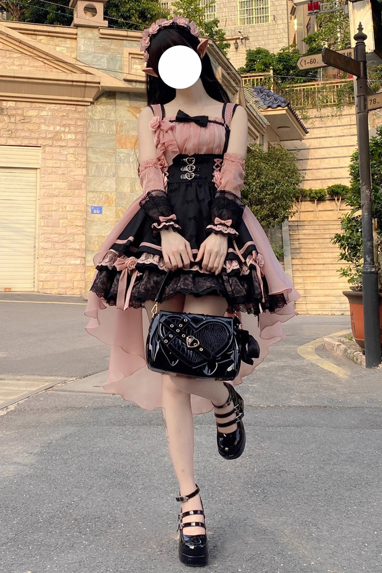 Schwarz/Rosa mehrlagiges süßes Lolita-Prinzessinnenkleid mit Rüschen und Schleife