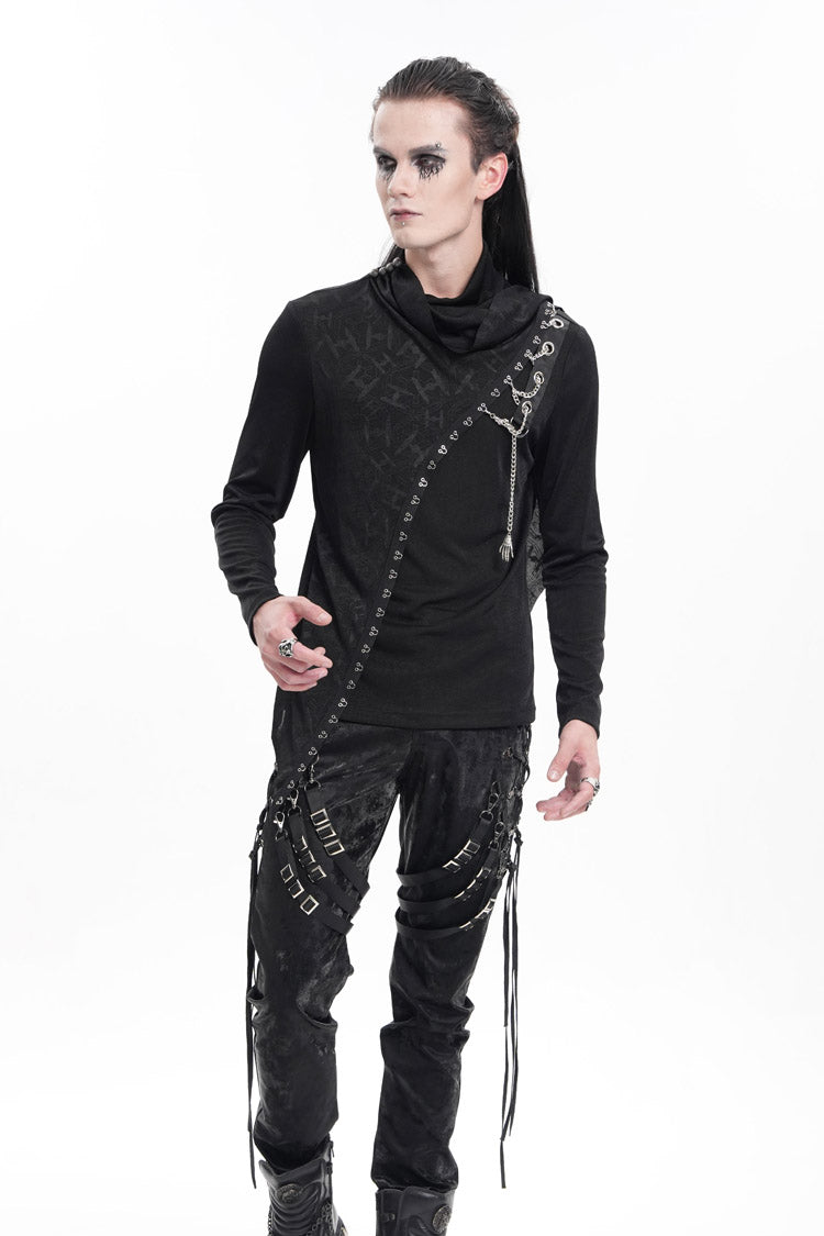 Schwarzes, langärmliges, asymmetrisches Gothic-Sweatshirt für Herren mit Kettenmuster und Drucknähten