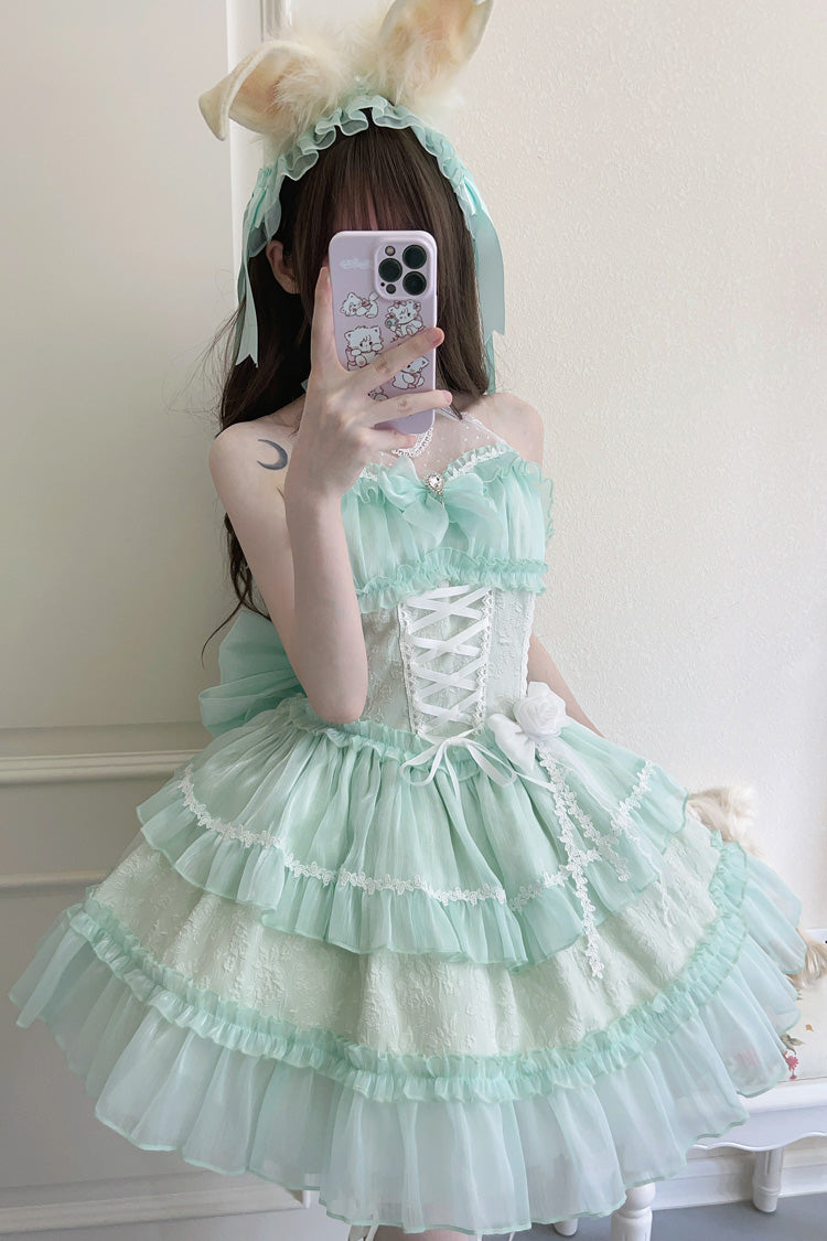 Green Halterneck Triple-Layered Bowknot Lace Sweet Lolita Jsk Dress