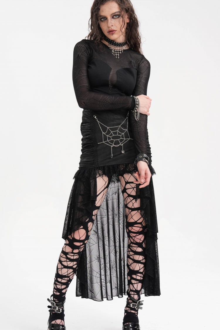 Black Chain Lace Irregular Hem Mesh Women's Gothic Skirt