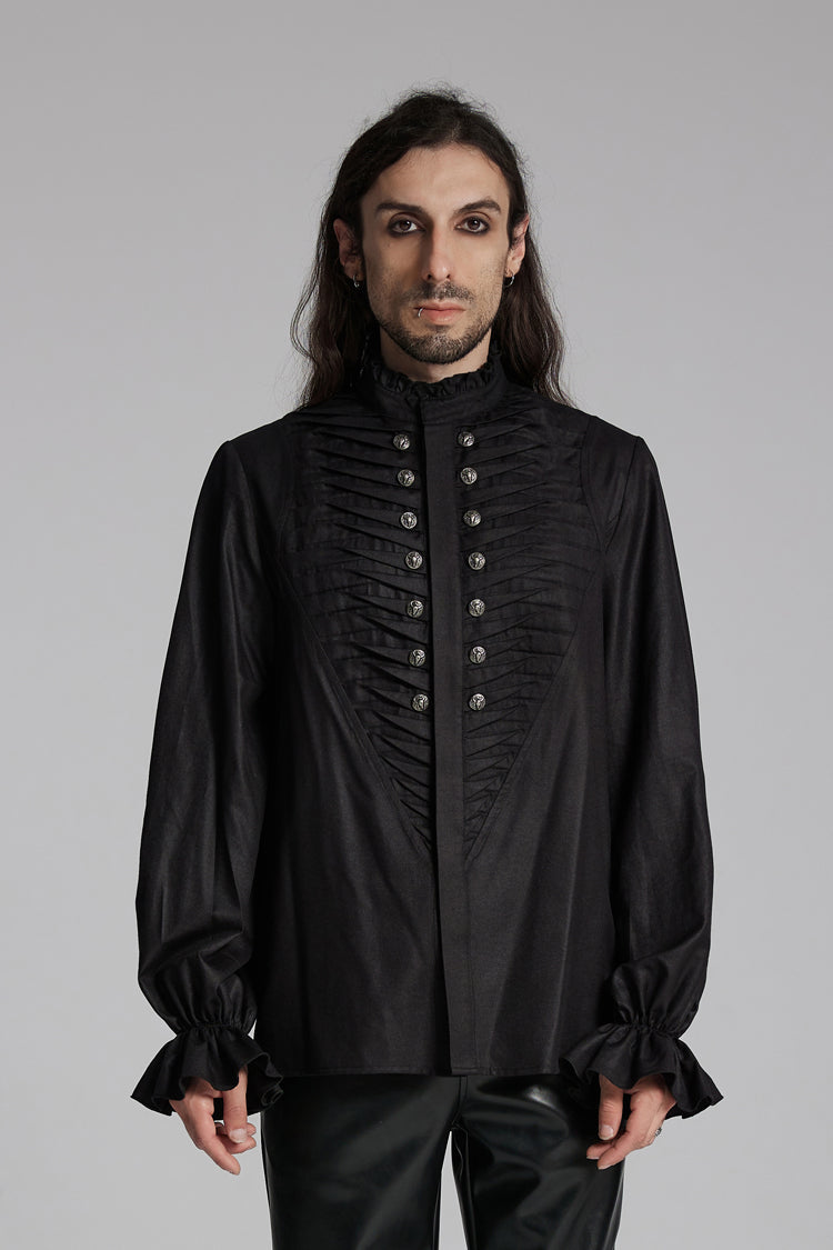 Schwarze langärmlige Rüschen-Gothic-Bluse für Herren mit Tierschnalle