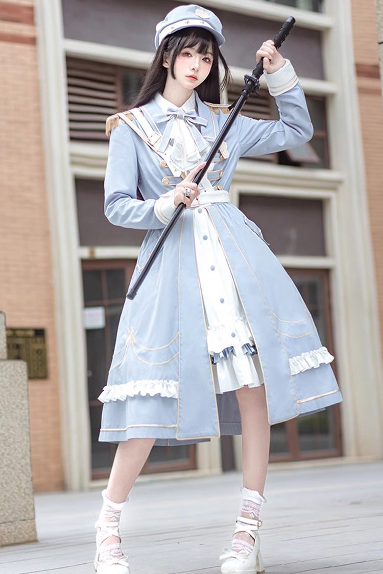 White/Blue Star Ocean Fantasy Cardigan Bowknot Stitching Sweet Military Lolita Dress