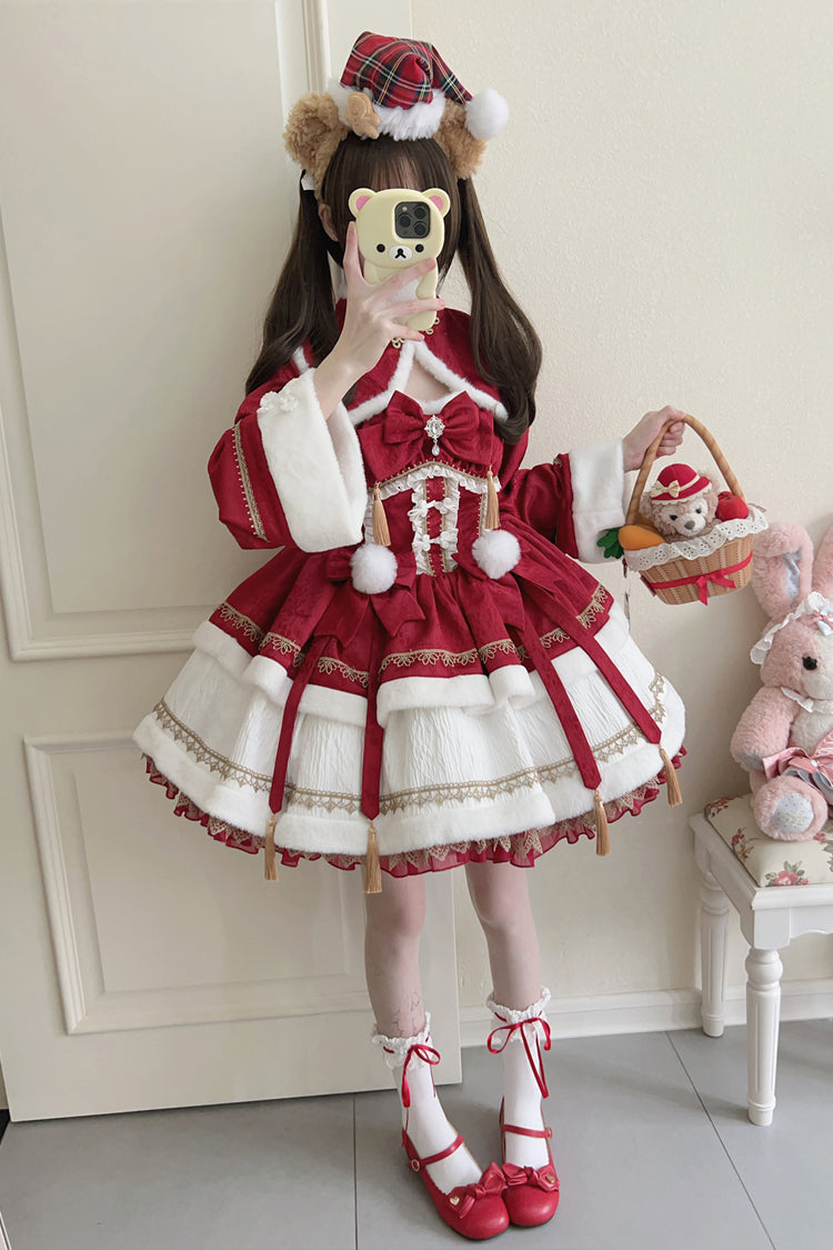 Red [Snow Rabbit] Long Sleeves Ruffle Bowknot Fake Two Pieces Sweet Lolita Dress