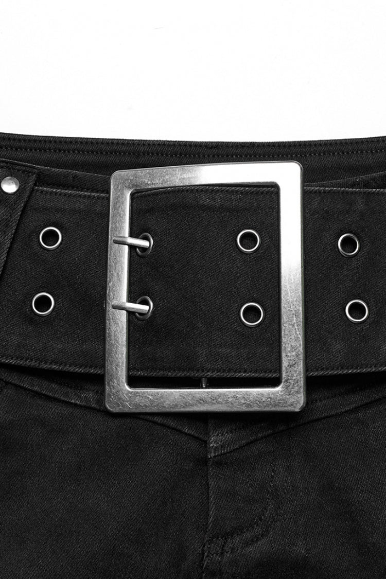 Black Denim Slim Buckle Eyelets Women's Steampunk Shorts