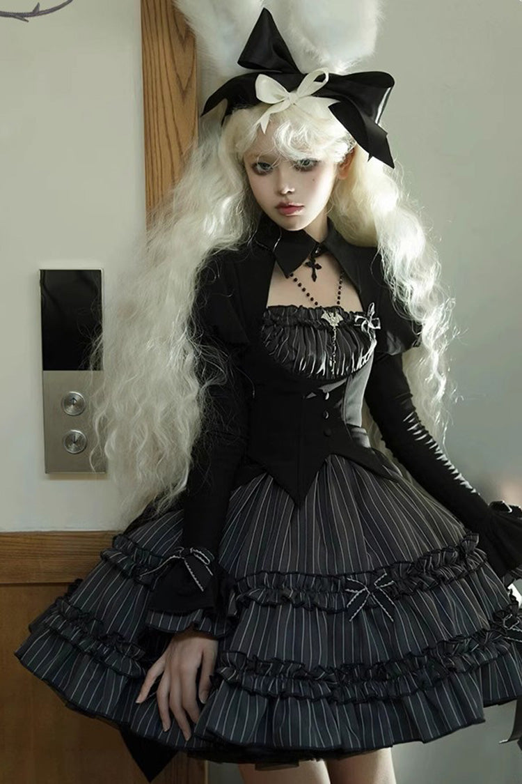 Black [Duke of the Trap Rabbit] Long Sleeves Stripe Print Ruffle Bowknot Lace Gothic Lolita Dress