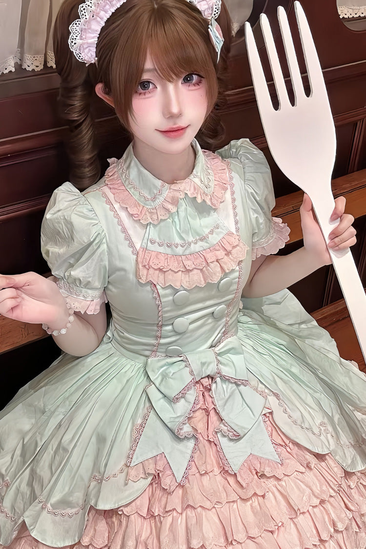 Pink/Green [Honeydew Melon Parfait] Short Sleeves Multi-Layered Ruffle Bowknot Sweet Lolita Dress