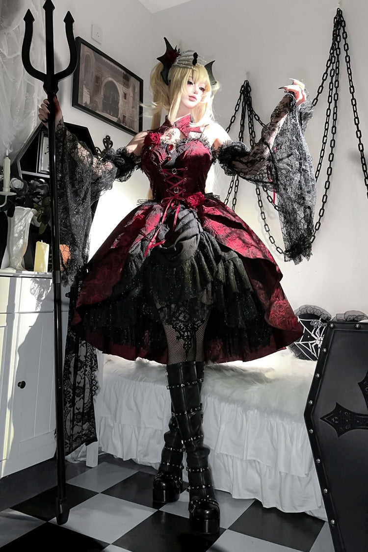 Black/Red [Weeping Rose] Jacquard Print Ruffle Cardigan Bowknot Lace-Up Gothic Lolita Dress