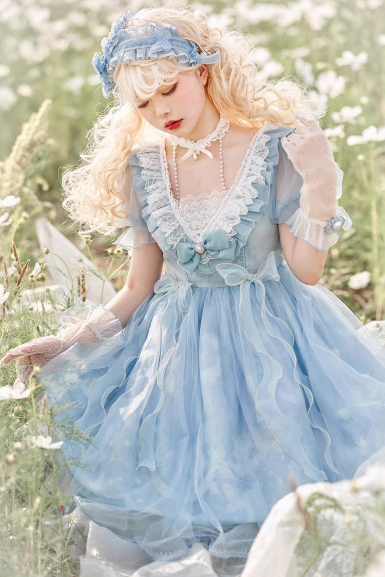 Blue High Waisted Planet Butterfly Print Ruffle Lace Sweet Lolita Dress