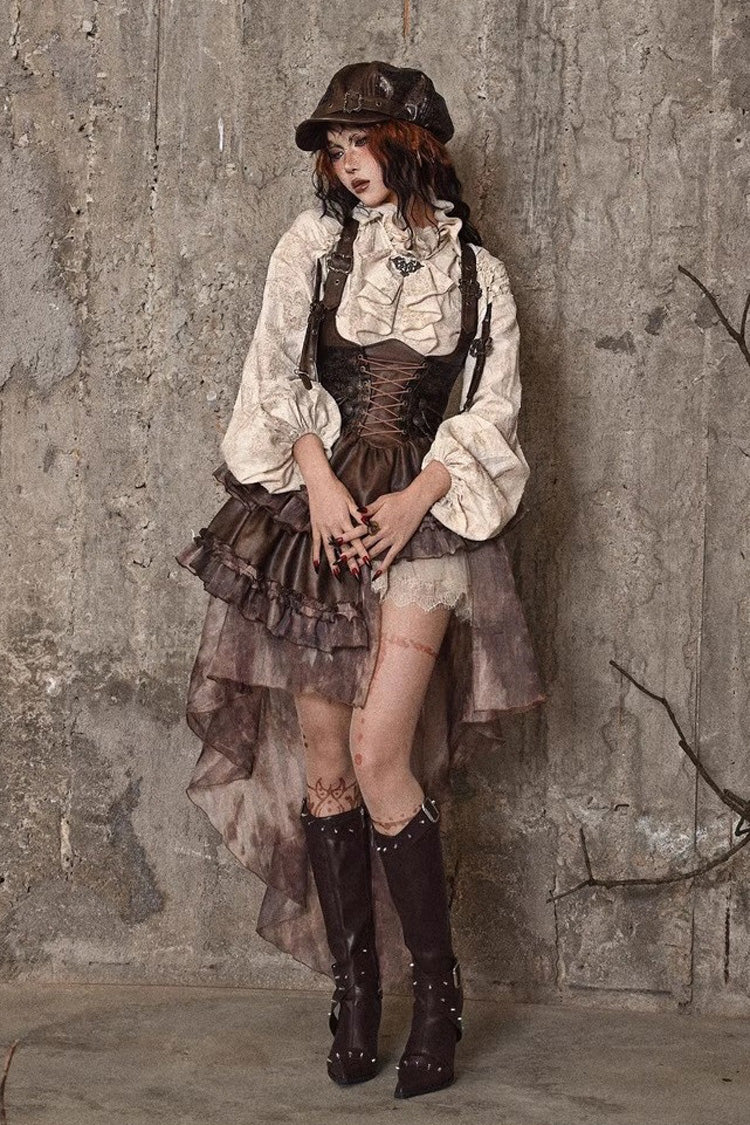 Brown Chest Straps Ruffle Irregular Detachable Tail Punk Lolita Dress