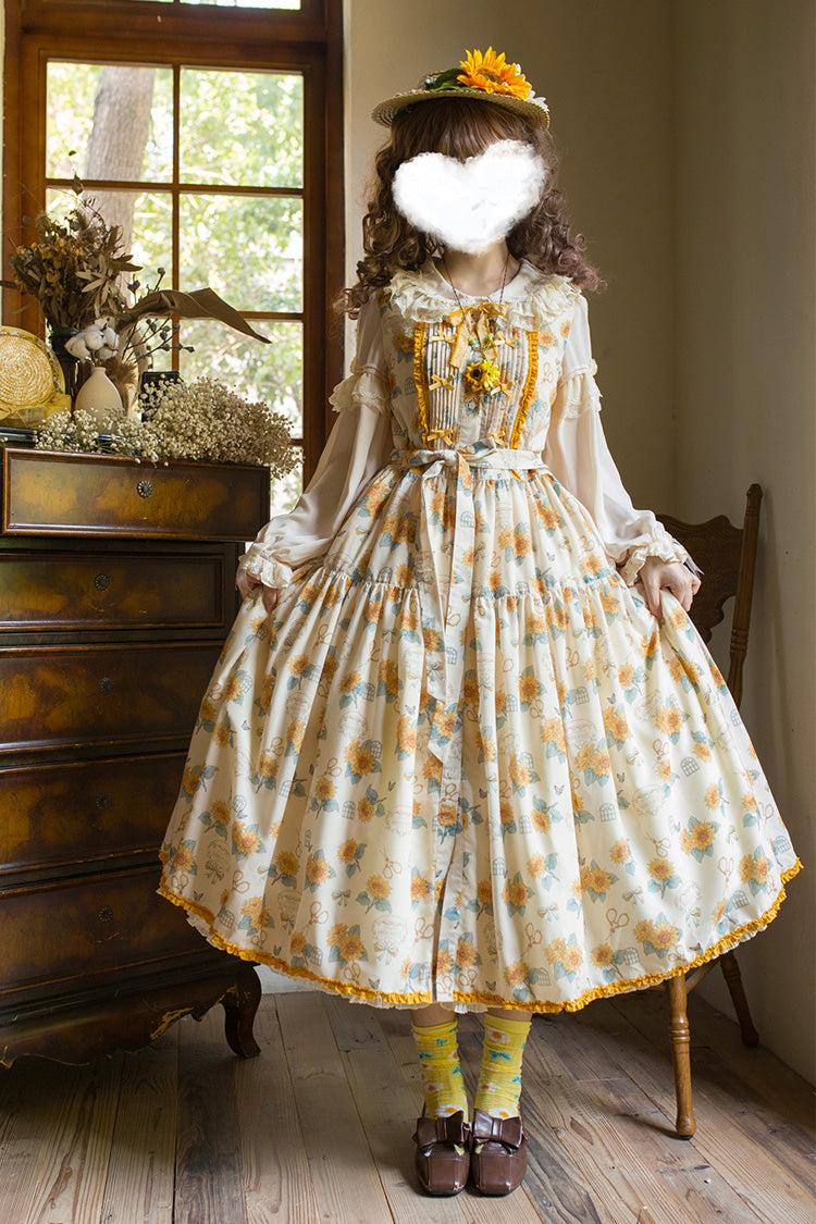 Apricot [Gardening Sunflower] Sleeveless Print Ruffle Bowknot Sweet Elegant Lolita Jsk Dress