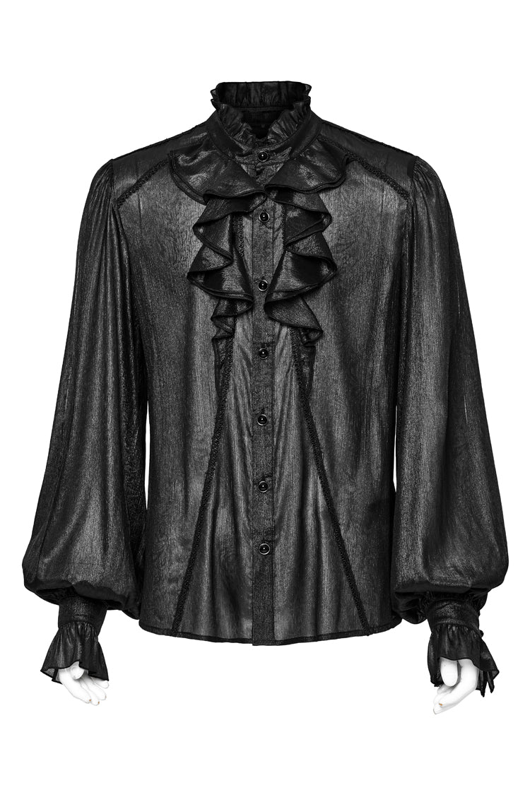 Schwarze Gothic-Bluse mit Jacquard-Rüschen und Stehkragen für Herren