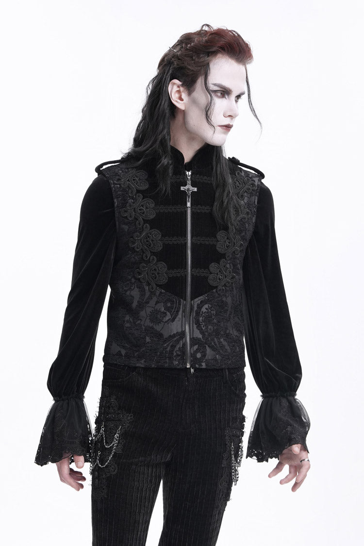 Schwarze ärmellose Weste mit Stehkragen und gehäkeltem Blumenmuster und Reißverschluss für Herren im Gothic-Stil