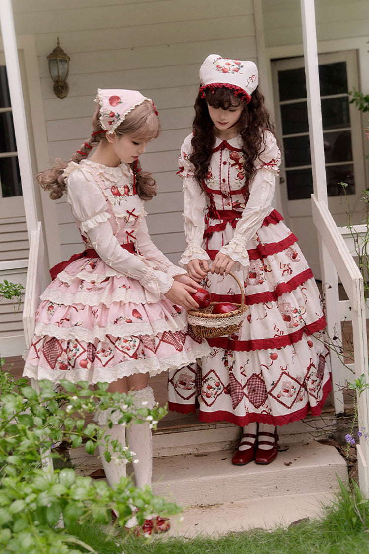 Red/Beige Triple-Layered [Apple Orchard] Print Ruffle Embroidery Sweet Lolita Long Skirt