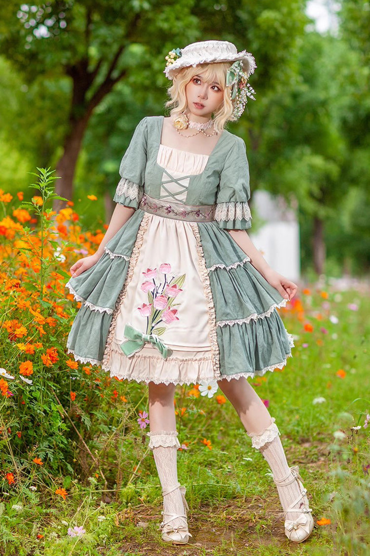 Tulpendruck Stickerei Kurze Ärmel Mehrschichtig Süßes Elegantes Lolita Jsk Kleid 3 Farben