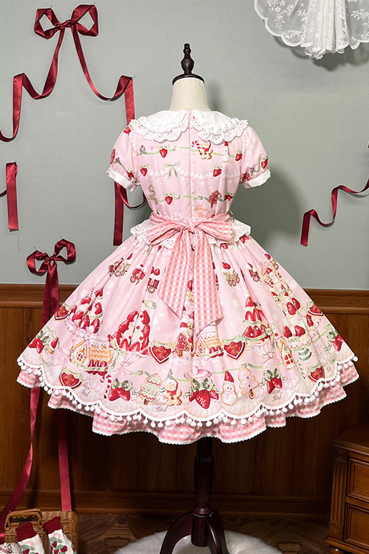 Mint Strawberry Dessert Puppenkragen Kurze Ärmel Druck Rüschen Bowknot Süßes Lolita Kleid 4 Farben