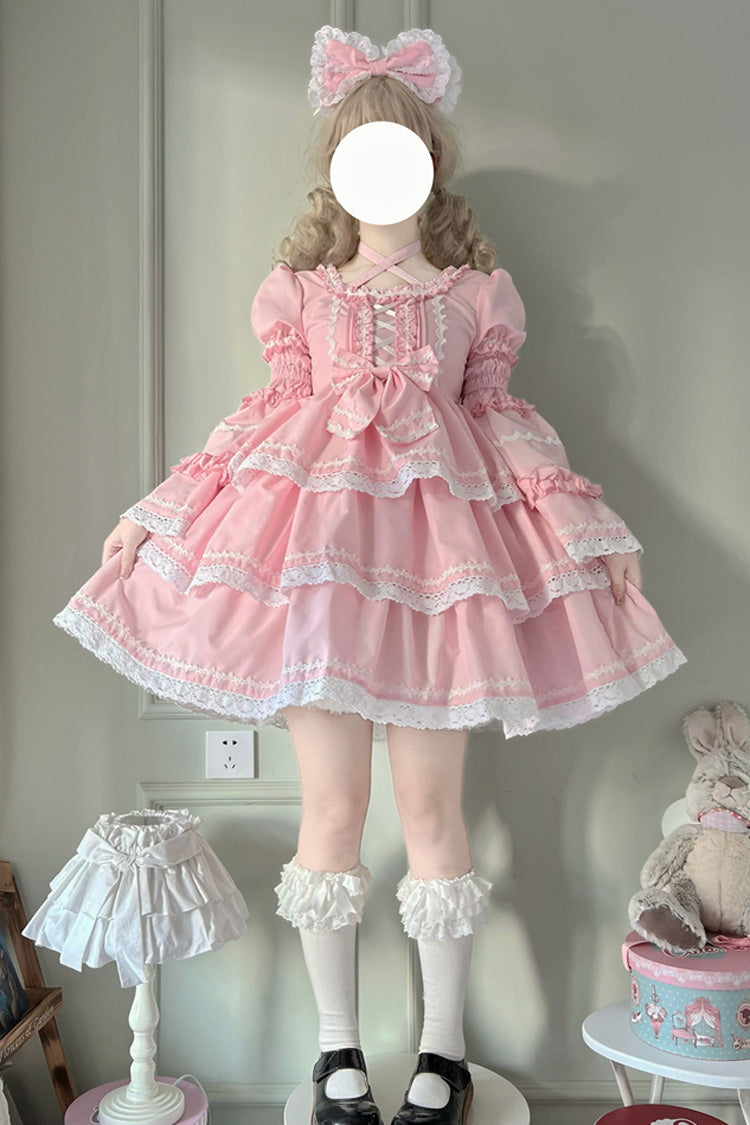 Rosa süßes Lolita-Kleid mit dreilagigen abnehmbaren Ärmeln, Schleife und Schnürung